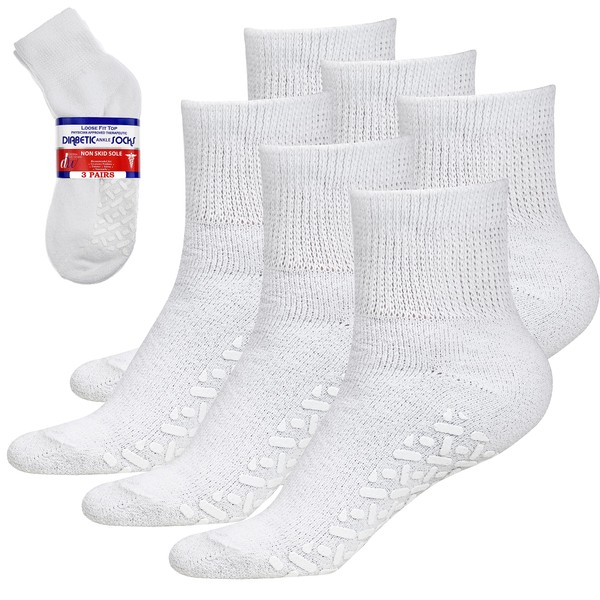 Debra Weitzner Calcetines de ajuste holgado sin ataduras, calcetines antideslizantes para diabéticos para hombres y mujeres, paquete de 3 unidades, color blanco