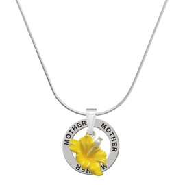 Delight Jewelry Silvertone Yellow Hibiscus Flower - Mother Ring Charm Necklace, 18"