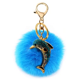 Uloveido Women Girls Pom Pom Keychains Cute Light Blue Dolphin Key Chains Keyrings Gold Plated for Women Car Handbag YS850