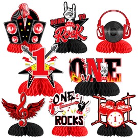 8 Pieces One Rocks 1st Birthday Honeycomb Centerpieces for Boy Girl, Rock and Roll Table Centerpiece First Birthday Decorations, Red Black Music Themed 1 Year Old Baby Party Supplies