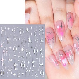 French Nail Stickers for Nail Art French Line Nail Decals 3D Self-Adhesive French Style Nail Design Sticker Pink Black Red Gold Laser Silver French Line Stickers for Daily Nail Art DIY Decoration 6Pcs