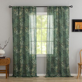 Dark Green Sheer Curtains 84 Inches Long 2 Panels Leaf Floral Pattened Vintage Cottagecore Botanical Curtains for Living Room, Rod Pocket Privacy Light Filtering Sheer Window Drapes, 50 x 84 Inch
