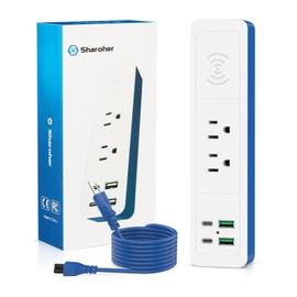 7-in-1 Wireless Charge Power Strip for Nightstand Desktop,2 AC Outlet,2 USB-A and 2 USB-C Ports,Fast Charging Station for Office Dorm Room,6 ft Ddetachable Extension Cord (Blue, 6 FT)