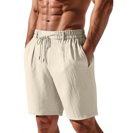 TAFLE - Pantalones cortos de lino para hombre, casual, cintura elástica, cordón, ligeros, día festivo, verano, playa, con bolsillos, Caqui, M