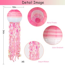 ADLKGG Hanging Jelly Fish Paper Lanterns, Gradient Colorful Pink Paper Lanterns for Mermaid Theme Party Under The Sea Ocean Birthday Decorations Baby Shower Baby Room, Set of 5