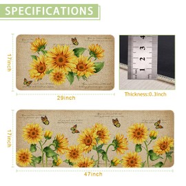 Farmhouse Kitchen Mats Set of 2 Non-Slip Sunflower Kitchen Rugs Seasonal Flowers Home Decor Low Profile Washable Floor Mat 17x47 Inch and 17x29 Inch