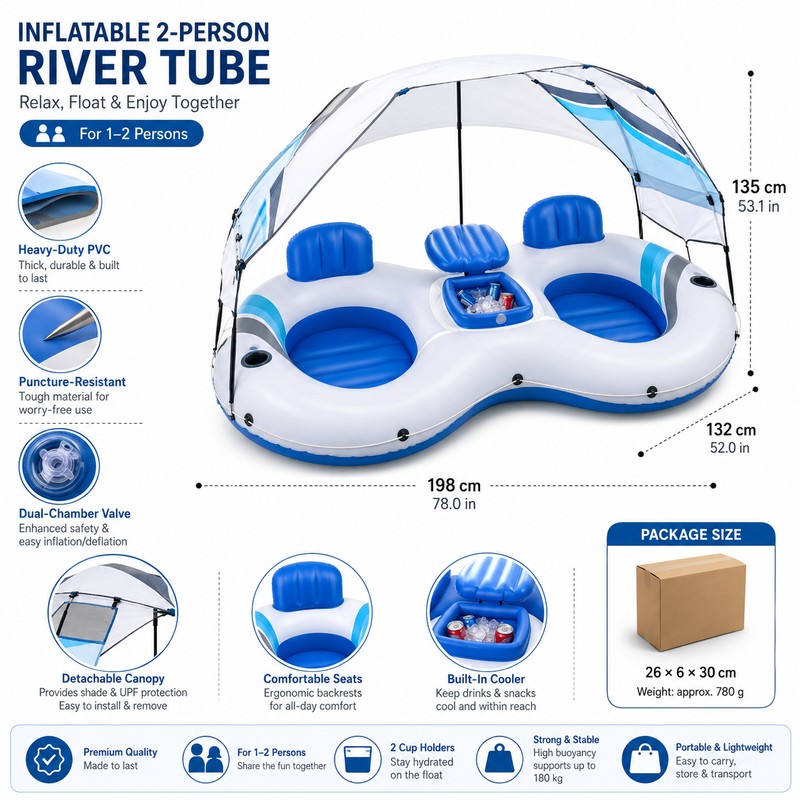 Inflatable River Tube with Canopy for Pool & Lake Lounging