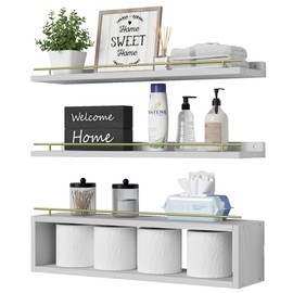 WOPITUES Floating Shelves for Wall 24 inch with Cube Shelf, Wall Shelves with Metal Rail for Bathroom Decor, Bathroom Organizers and Storage, Over Toilet Shelves for Bathroom, Toilet Paper-White&Gold