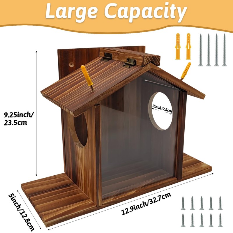Wooden Squirrel Feeder, Squirrel Feeder House with Flexible Roof, Large