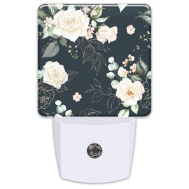 Pink Rose Flowers Night Light for Kids,Watercolor Floral Gold Leaves Plug in Night Light, Dusk to Dawn Sensor Night Light Plug in for Boys Girls 0.5w Energy Saving Sleep Friendly for Home Decor