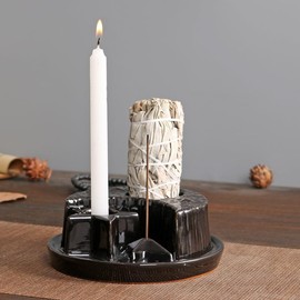 YYW Incense Burner Holder, 4 in 1 Ceramic Incense Holder for Stick Candle Sage, Moon Star Shade Marble Burner for Meditation Yoga Ornament Home Office Decoration (Black)