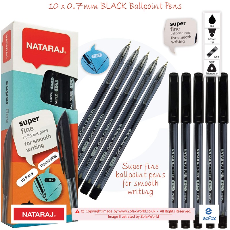 NATARAJ SuperFine Ballpoint Pens Triangular Grip Smooth Writing (10 x