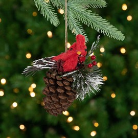 Northlight Woodland Cardinal Bird Perched on a Pinecone Frosted Christmas Ornament - 6.75"