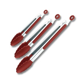 Red Stainless Steel Tongs Heat Resistant Kitchen Tongs Set - 7", 9" & 12" Inch, BBQ Tongs with Silicone Tip, Strong Grip for Cooking, Salad Tossing,Air Fryer, &Grill Tongs- Pull Lock, Red - Set of 3