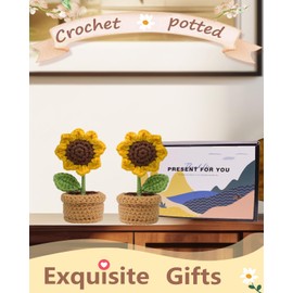Crochet Flowers, 2PCS Crochet Sunflower, Preserved Flowers for Car Decor,Office Desk Decor, Perfect for Teacher, Student, Secretaries, Coworkers