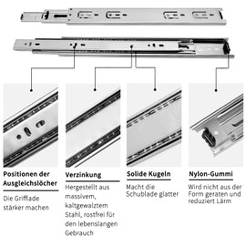 Full Extension Drawers up to 45 kg Telescopic Rail Telescopic Extension 1 Pair Drawer Runners Ball Extension Drawer Guides Load Capacity 350 mm