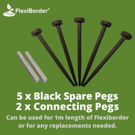 FlexiBorder Lawn Edging - 5 x BLACK Spare Garden Pegs and 2 x Connector Set - Garden Edging Border Replacement Pins for FlexiBorder