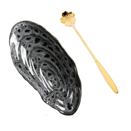 Ceramic Spoon Rest Cooking Spoon Holder for Kitchen Counter/Stove Top/Dining Table with Cute Spoon, Shell Shaped, Modern Farmhouse Decorative, 8.25x3.9 inch Black