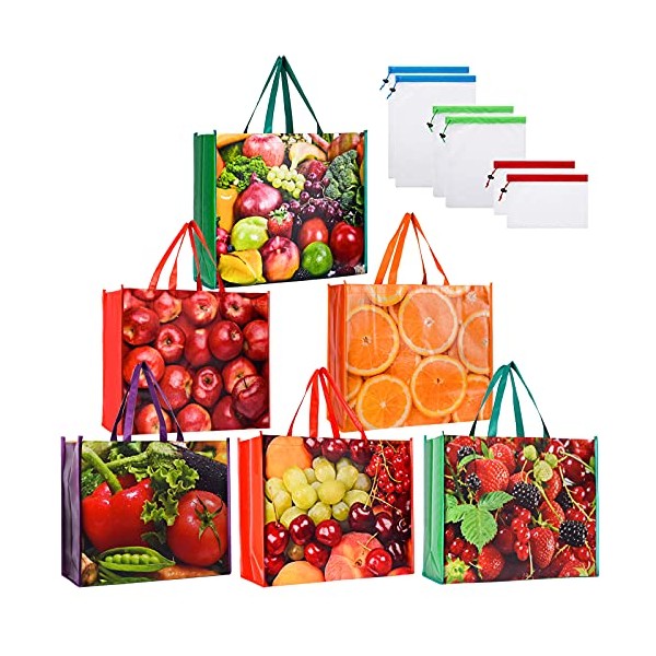 Kitchen Reusable Grocery Bags Set of 6 Heavy Duty Foldable Shopping Tote with 6 Pcs Mesh Produce Bags for Groceries Food Strong Durable Extra Large Bulk Fruit Vegetable Bag with Handles Easy to Clean