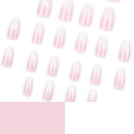 24Pcs Press on Nails Medium Coffin Square French Tip Simple with Nude Pink White Gradient Design Fake Nails Full Cover Glossy Acrylic Glue on Nails Short Stick on Nails False Nails for Women JP3731