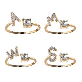 HIJONES Women's Initial Letter Open Ring with Cubic Zirconia Stackable Alphabet Adjustable Rings, Metal, Cubic Zirconia