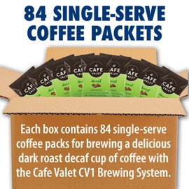 Café Valet DECAF Dark Roast Single Serve Coffee Packets – 84 Count – For Use with Café Valet Single Serve Coffee Makers – Disposable Brew Basket & Coffee Pack