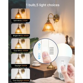 FLSNT A19 Dimmable LED Light Bulb, 9W (60W Equivalent), 5 Color Temperature Selectable (2700K-6500K), 810 Lumens, CRI90, 5CCT, Indoor and Outdoor, Perfect for Lamps and Home Lighting（4 Pack）
