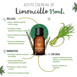 OLEUM VITAE Aceite Esencial de Limoncillo. Hierba Limón. Cymbopogon Flexuosus. 100% Puro y Orgánico. Certificado USDA ORGANIC. Aplicación Interna, Externa y Aromática. 15ml