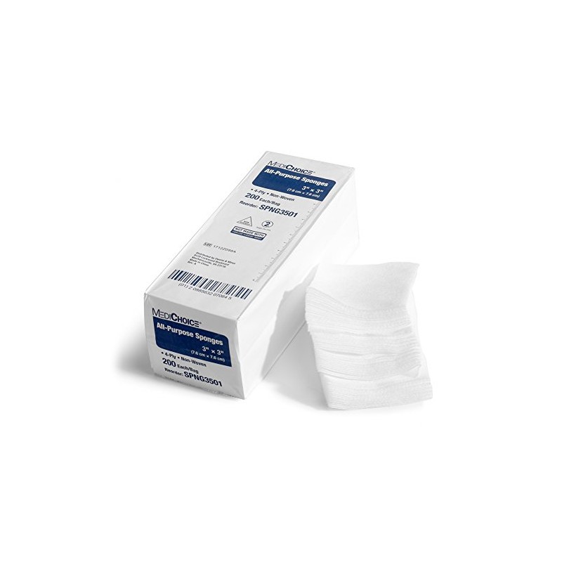 MediChoice All-Purpose Sponge, Non-Woven, Non-Sterile, Hypoallergenic, 3x3 Inch, White, 1314SPNG3501