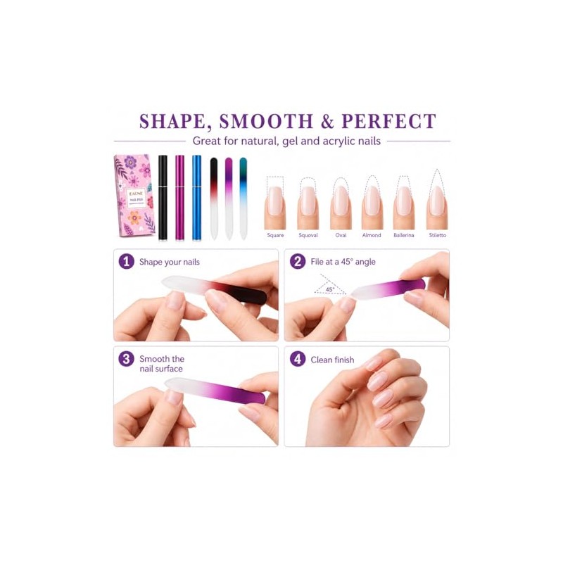 EAONE Crystal Glass Nail File with Case 3 Pack, Double-Sided