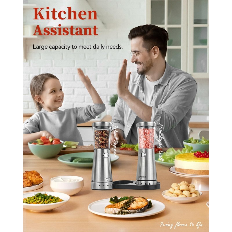 Electric Salt and Pepper Grinder Set with Storage Base, Stainless
