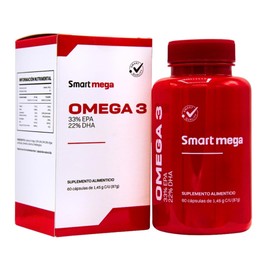 Smart Mega OMEGA 3 con 33 EPA y 22 DHA, Suplemento Alimenticio, 60 cápsulas, Salud Cardiovascular y Cerebral                                          