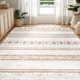 BESTSWEETIE 8x10 Area Rug for Living Room Washable Rug Moroccan Farmhouse Neutral Geometric Soft Low Pile Non-Slip Water Repellent Rug for Dining Room Bedroom Cream/Brown