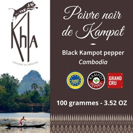 Khla - Organic Kampot Black Pepper - Peppercorns 100g - Traditional Palm Leaf Gift Box - Grand Cru, Rare - Kitchen Ingredient - Direct Producer - Asian Spice - Cambodian Origin