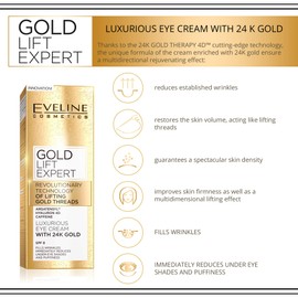 Eveline Cosmetics Gold Lift Expert Luxurious Golden Anti-Ageing Eye Cream Against Wrinkles and Dark Circles, 15 ml, Hyaluronic Eye Care, Intensive Smoothing Regeneration, Firm Skin