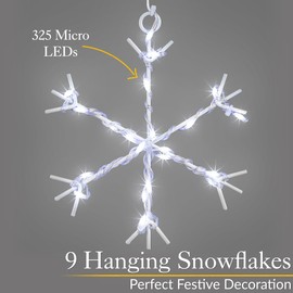 Christow Christmas Curtain Lights for Windows, 9 Snowflake String Light Decoration, 325 White Micro LEDs, Indoor Outdoor Home Garden Xmas Lighting, Mains Powered with 5m Cable (H1.2m x W1.2m)