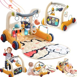 4 in 1 Baby Play Mat Activity Gym,Baby Kick and Play Piano Tummy Time Mat,Musical Learning Push Walker with Light up Interactive Toys Gift for Babies 0-6-12 Months Infant Boys Girls Newborn