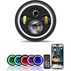 Largoods 7 Inch Headlight, LED Bike, RGB DRL Function, Hi&Lo Switching, 6500K, High Brightness, Waterproof IP67, Bluetooth Control, Round Shape, Black, Universal Use, Easy Installation, Harley Jeep,