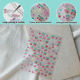 CESTSIREN Cherry Heart-Shaped Nail Art Stickers, Embossed Cute Rhinestone Fruit Nail Decals, Nail Art Design, Self-Adhesive, Nail Accessories for Women, Nail Art Supplies