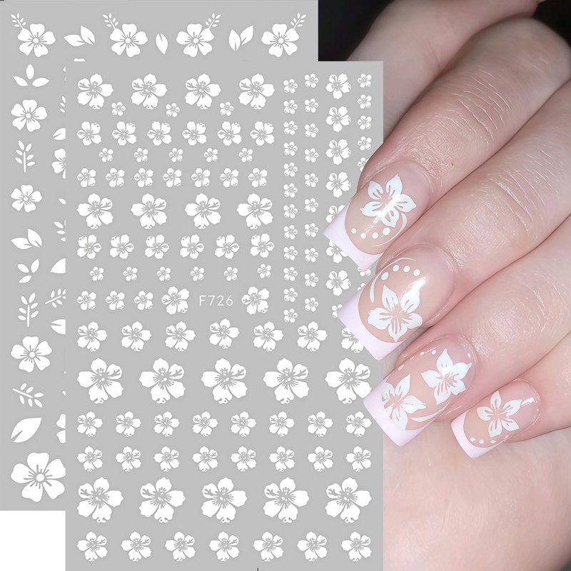 6Pcs White Flower Nail Stickers 3D Self-Adhesive Hibiscus Nail Decals