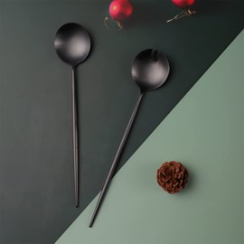Zerophilo Juego de ensaladas, cucharas y tenedores de 11.4 pulgadas, acero inoxidable 18/10 para servir ensalada, chapado de titanio (negro)