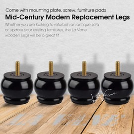 La Vane 3 inch / 7cm Wooden Furniture Legs, 4PCS Black Soild Wood Round M8 Replacement Bun Feet with Pre-Drilled 5/16 Inch Bolt & Mounting Plate & Screws for Couch Sofa Dresser Cabinet