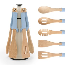 Chef’s Path Wooden Cooking Utensils Set – 5-Piece Beech Wood Kitchen Utensils Set with Silicone Spoon Rest, Wooden Spatula, Serving Spoon, Wooden Spoons for Cooking & Rotating Utensil Holder, Blue