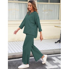 ROYLAMP Womens 2 Piece Outfits Fall Long Sleeve Button Crew Neck Top Long Pant Trendy Matching Casual Sweatsuit Tracksuits Sets Dark Green S