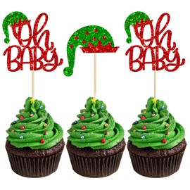24 piezas de adornos para cupcakes de Navidad, diseño de elfo con purpurina, para baby shower, cumpleaños, para fiestas de cumpleaños, para fiestas de cumpleaños y decoración de pasteles