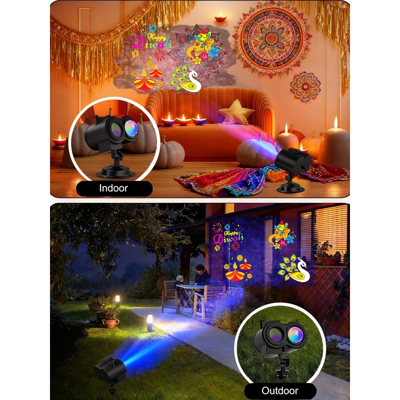 Happy Diwali Projector Lights Outdoor, 2-in-1 Moving Patterns Projector, Festival