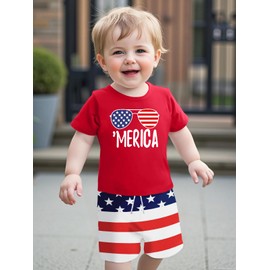 WOSHN USA Shirt Kids Toddler Boys American Flag Graphic Tee 4th Of July T-Shirts Shorts Set 2 Piece Outfit, Red2, 5-6Y