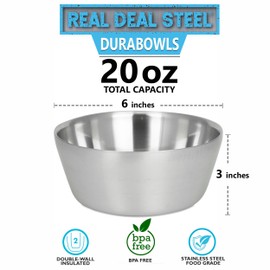 Stainless Steel Insulated Bowls for Kids and Adults - 20 Oz Double Wall Metal Bowls for Ice Cream, Soup, Cereal, Snack, Rice Dish, Camping Bowl (Stainless Steel)