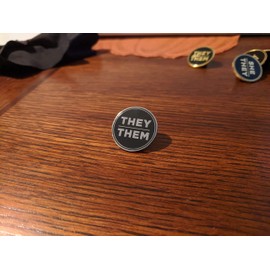 They Them Pronoun Pin Silver and Black Circular Hard Enamel Nonbinary Pronoun Button Badge