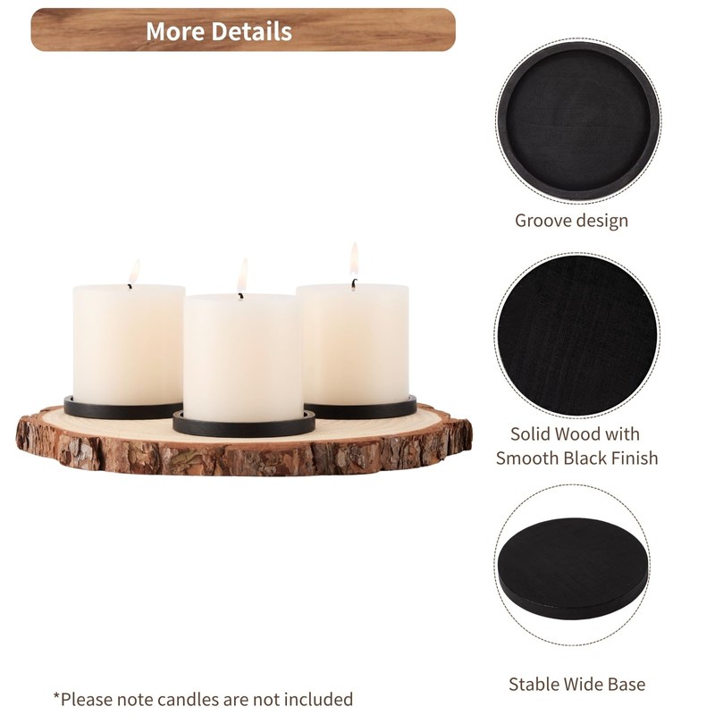 3-Piece Black Wood Candle Holder Plate Base Set for Pillar